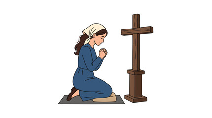 Naklejka premium Woman kneeling in prayer before a wooden cross, seeking spiritual solace and connection