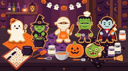 Fototapeta premium Halloween-themed baker character celebrating with festive treats