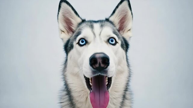 A close-up of a husky dog with its mouth open and tongue hanging out, showing signs of excitement or happiness.