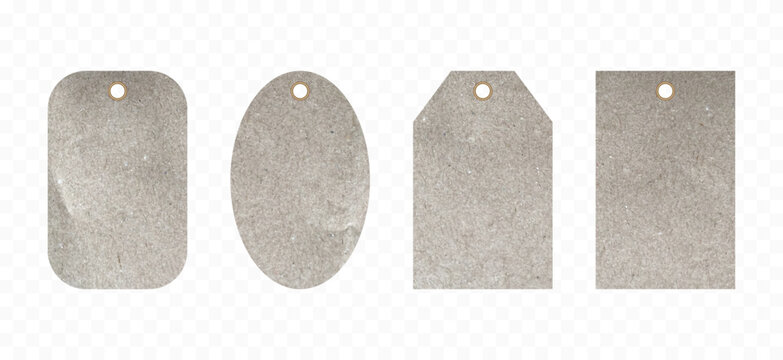 Price tag made of cardboard or textured craft paper. Realistic empty shopping or or branding labels from paper texture. Rectangular and oval price tags set with metal eyelet. Vector.