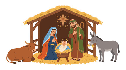 Naklejka premium Nativity Scene Illustration with Mary Joseph Baby Jesus Donkey and Cow in Stable