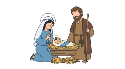 Naklejka premium Nativity Scene Illustration Mary Joseph and Baby Jesus in Manger with Halo and Staff