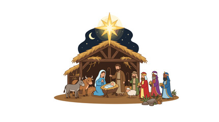 Naklejka premium Nativity Scene Illustration with Mary Joseph Baby Jesus Donkey Cow Sheep and Three Wise Men under Star