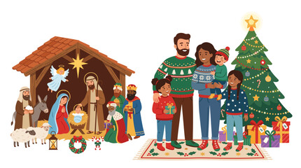 Naklejka premium Christmas Nativity Scene and Modern Family Celebrating Together with Decorated Tree