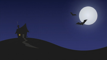 Fototapeta premium Spooky Halloween House Silhouette with Full Moon and Flying Bats