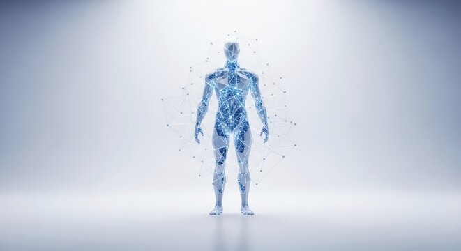 A futuristic, glowing blue digital human figure composed of interconnected lines and nodes, representing advanced technology and artificial intelligence.