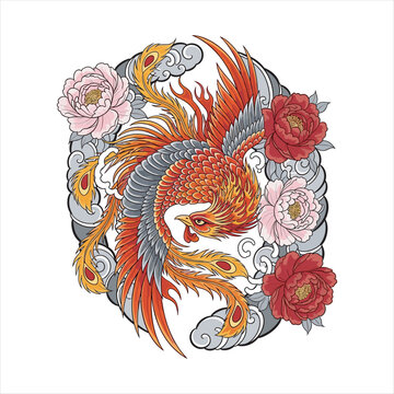 Japanese inspired tattoo illustration of a fiery phoenix surrounded by red and pink peonies, swirling clouds, and ornamental feathers in vivid orange, red, gray, and gold tones