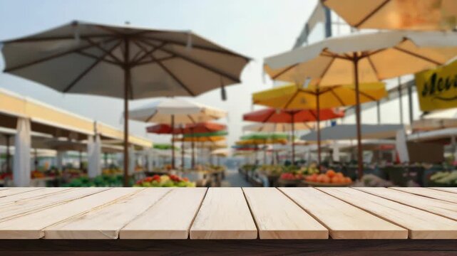 A lively outdoor market with a variety of colorful umbrellas and tables full of fresh fruits and vegetables.