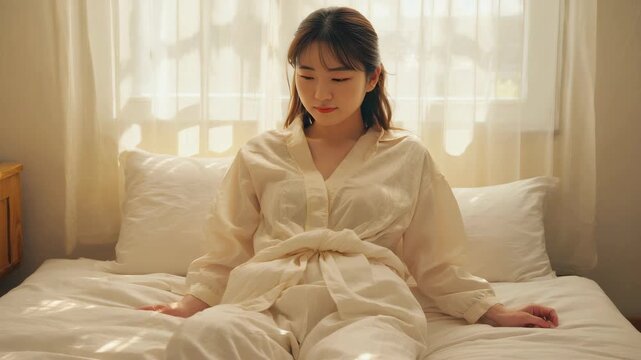 A woman sitting on a bed in a light-filled room, wearing a robe, appears deep in thought.