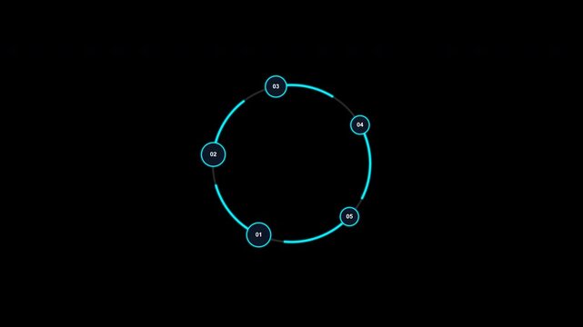 Futuristic five step cycle infographic with rotating neon circles isolated on alpha channel