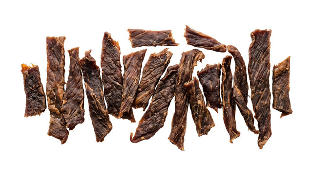 A group of delicious dried beef jerky strips isolated on transparent background