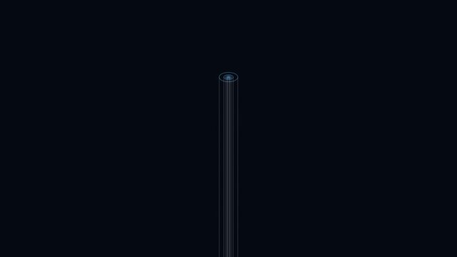 Blue 3D wireframe schematic of fiber optic cable core expanding on dark blue tech background