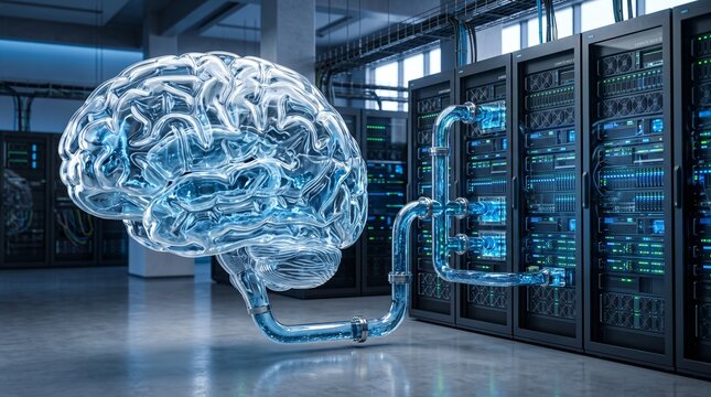 Brain Shaped Water Pipeline Feeding Server Cabinets as a Metaphor for AI Cooling Dependence