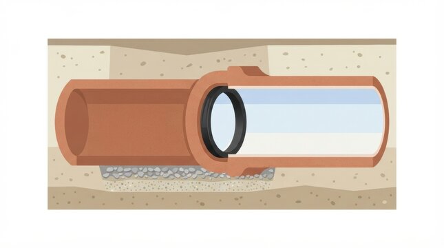 Illustration displays a clay pipe section of an urban sewer system designed for stormwater management underground.