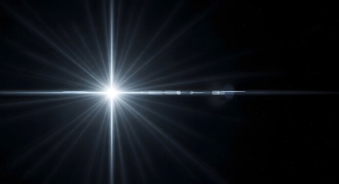 Bright White Starburst Light Effect on Black Background, Radiant Lens Flare and Sparkle Illustration