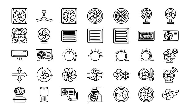 Electric fan and ventilation icons, air conditioning and cooling symbols vector set, outline ceiling fan, exhaust, air conditioner, knob and airflow elements