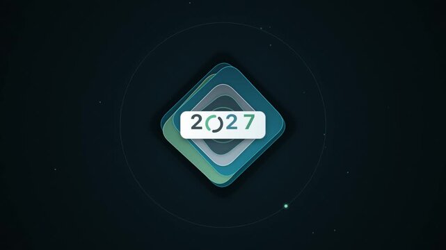 Modern 2027 new year logo animation with rotating loop arrow on layered blue diamond background