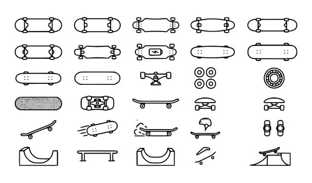 Skateboard icons, skateboarding and extreme sports symbols vector set, outline longboard, skate elements, ramp, wheels and urban sports equipment