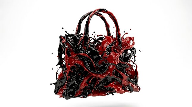 Black and red ink splash handbag silhouette, abstract fashion accessory liquid design.