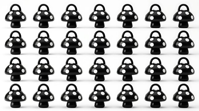 Grid of 3D black mushroom charms with white polka dots on a white background.