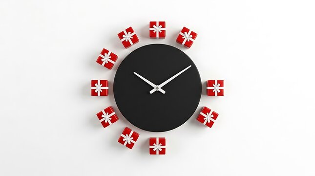 Creative wall clock with red gift boxes as hour markers on a white background
