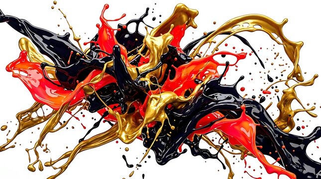 Glossy red black and gold paint splashes isolated on white background