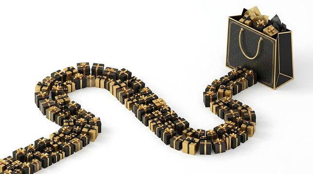 3D isometric black and gold beaded snake pathway on white background for design elements