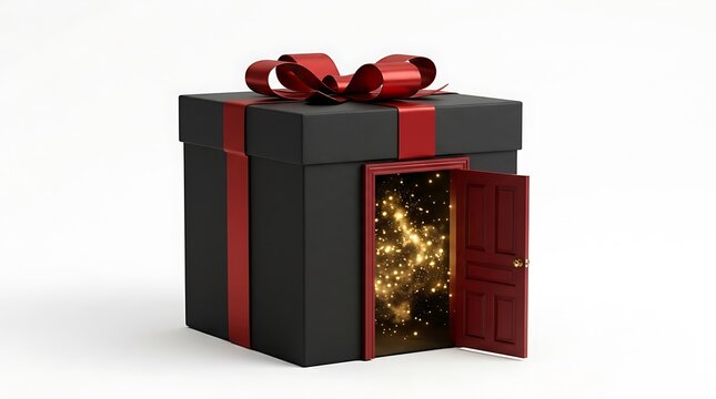Large black gift box with red ribbon and open door revealing magical golden light inside