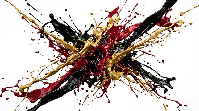 Vibrant abstract ink splatter explosion in bold black red and gold on white background
