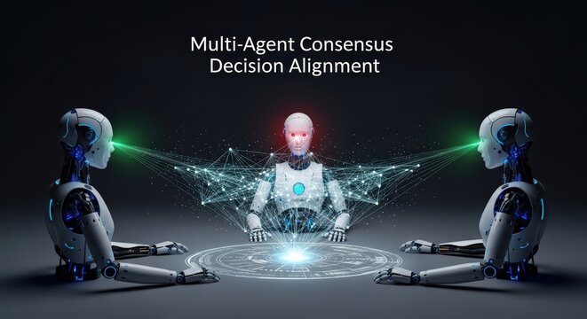 Three humanoid robots around a futuristic table demonstrating multi-agent consensus and decision alignment through a glowing neural network.