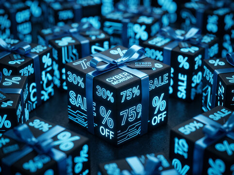 Cyber monday sale: neon gift boxes with discount labels illuminate savings