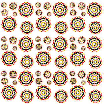 The design features layered radial elements in bright red,yellow, orange, magenta, and cyan dots arranged in circular, symmetrical formations
