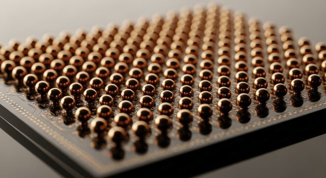 Extreme close-up of a computer processor showing the copper ball grid array connections.
