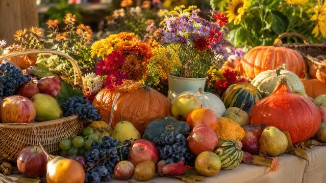 Abundant autumn harvest display with pumpkins fruits flowers and seasonal produce on rustic festive table arrangement