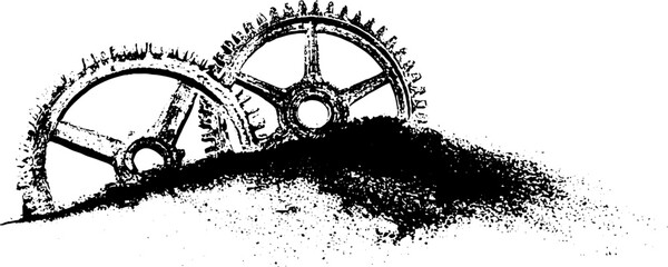 Obraz premium Black and white grunge overlapping gear stencil with mound and distressed texture for industrial background or wallpaper design