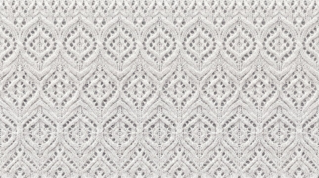 Intricate white macrame lace pattern with delicate diamond motifs against a soft neutral backdrop