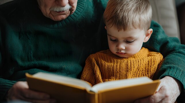 An elderly person teaching a young child to read in a comfortable armchair, warm diffused light, open book, gentle guidance,