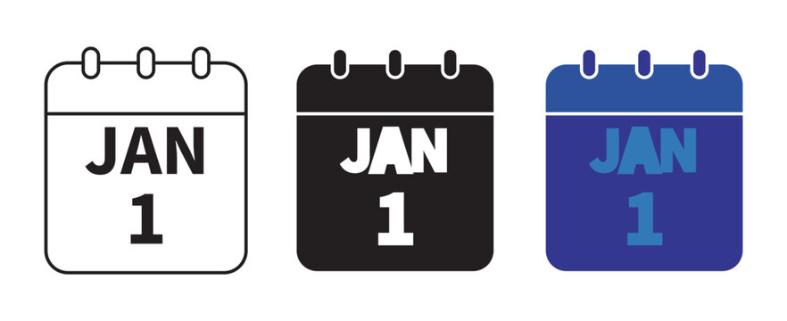 January 1 Calendar Date Icon Collection in Line, Silhouette and Color Styles &ndash; New Year Planning Vector Set