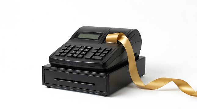 Black electronic cash register with gold ribbon on white background