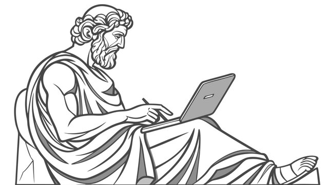 Classical Socrates sculpture with laptop showcasing ancient philosophy meeting modern digital technology naturally.