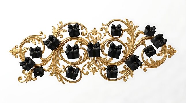 Gold decorative scroll frame with small black gift boxes for luxury holiday celebration