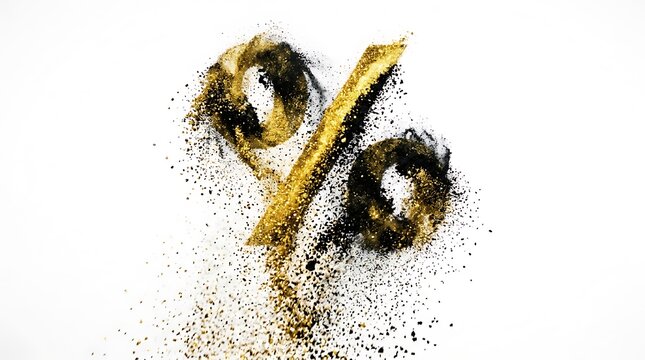 Percentage symbol made of gold dust and black powder on white background