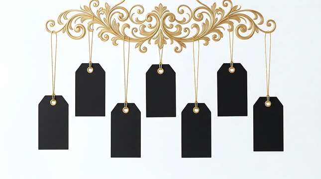 Gold decorative scroll with hanging black price tags for luxury retail sales promotion