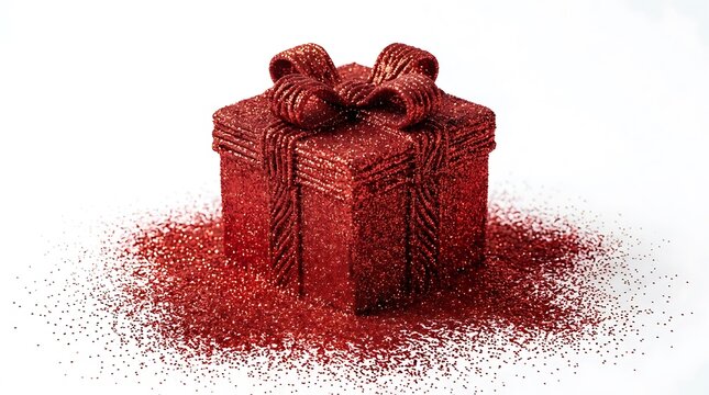 Red glitter gift box shape on white background for holiday celebration and festive design