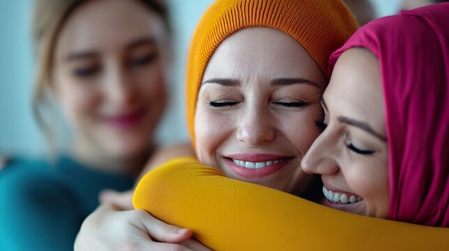 A group of diverse individuals embracing in a warm, supportive hug, genuine smiles and expressions of comfort, soft ambient lighting