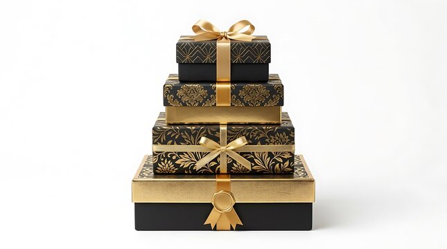 Stack of elegant black and gold gift boxes with ribbons for luxury holiday celebration