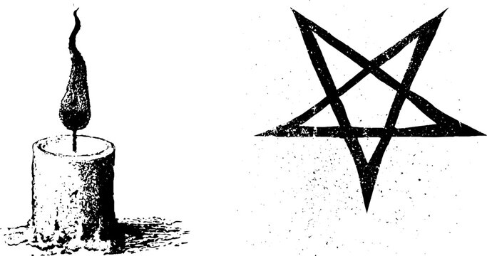 Grunge black and white burning candle and five point star stencil separated elements for background poster and occult design assets