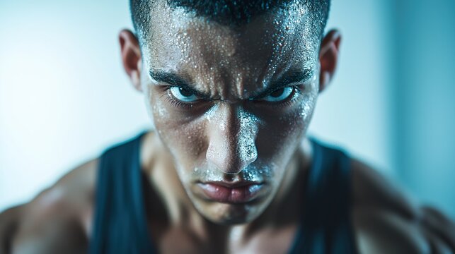 A young man with a look of intense determination and focus, sweat on his brow, during a challenging workout,  