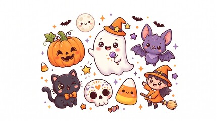 Obraz premium Cute kawaii Halloween cartoon characters and festive elements illustration isolated on white background