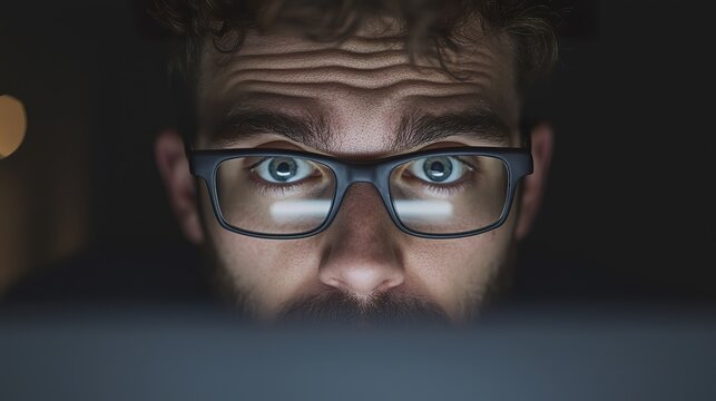 A person with a look of deep concentration, furrowed brow, solving a complex problem, focused on a screen or document